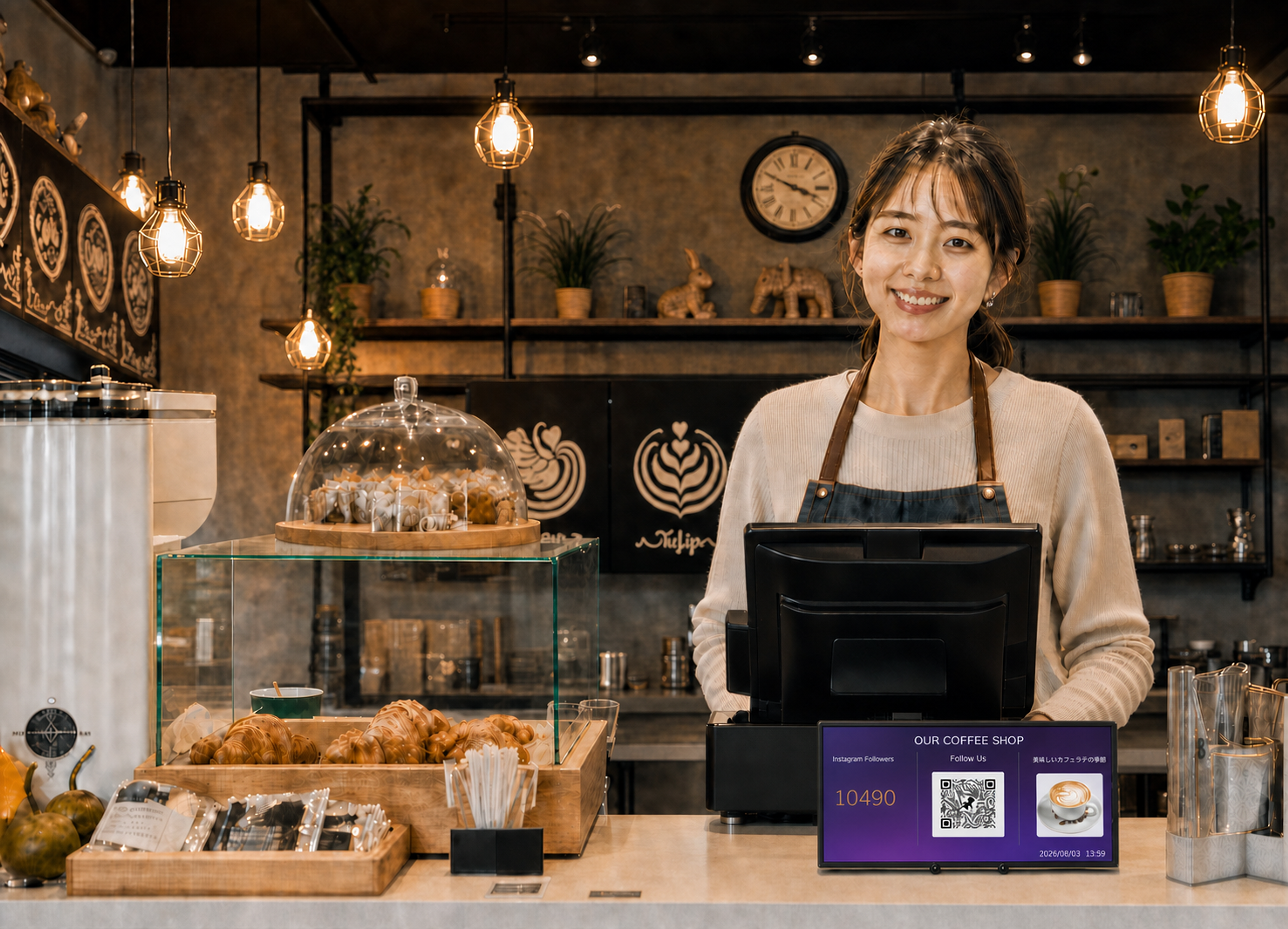 Instagram follower display on a coffee-shop counter beside the register